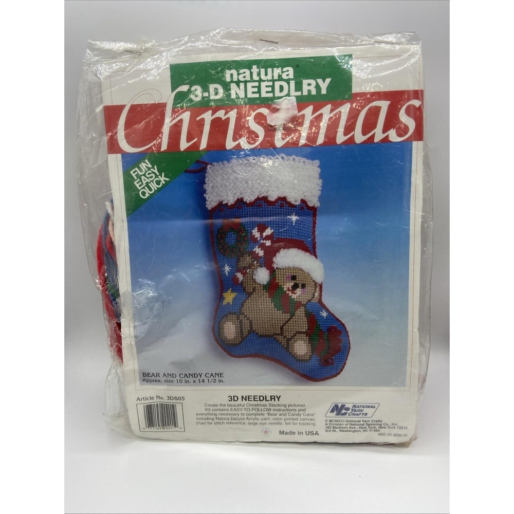 Vintage National Yarn Crafts 3D Needlry Christmas Stocking Kit Bear Candy Cane